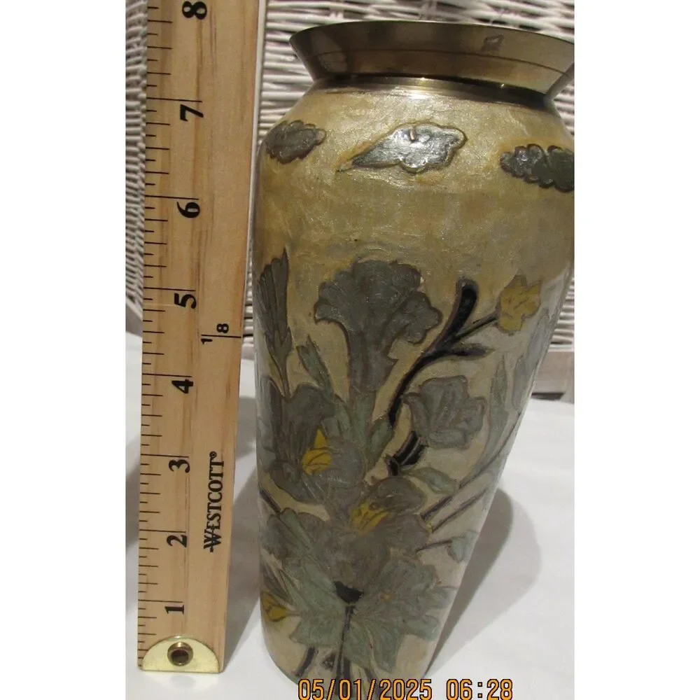 Vintage vase cloisonne enamel on copper floral design gold color flowers